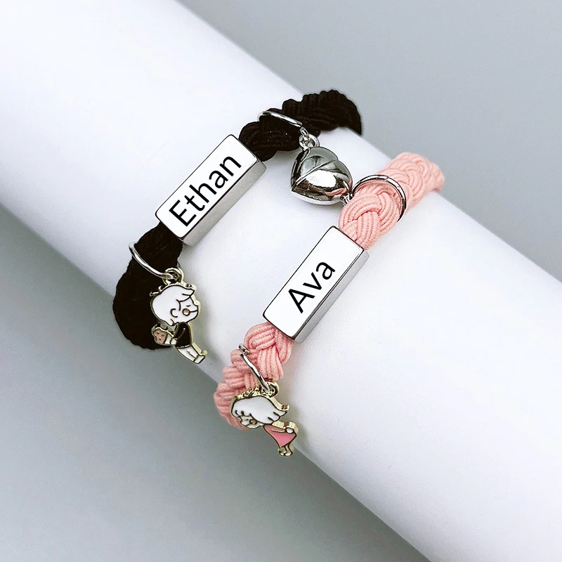 

Customized Name Love Heart Magnetic Stainless Steel Student Couple Bracelet Elastic Small Leather Band For Boyfriend Gift