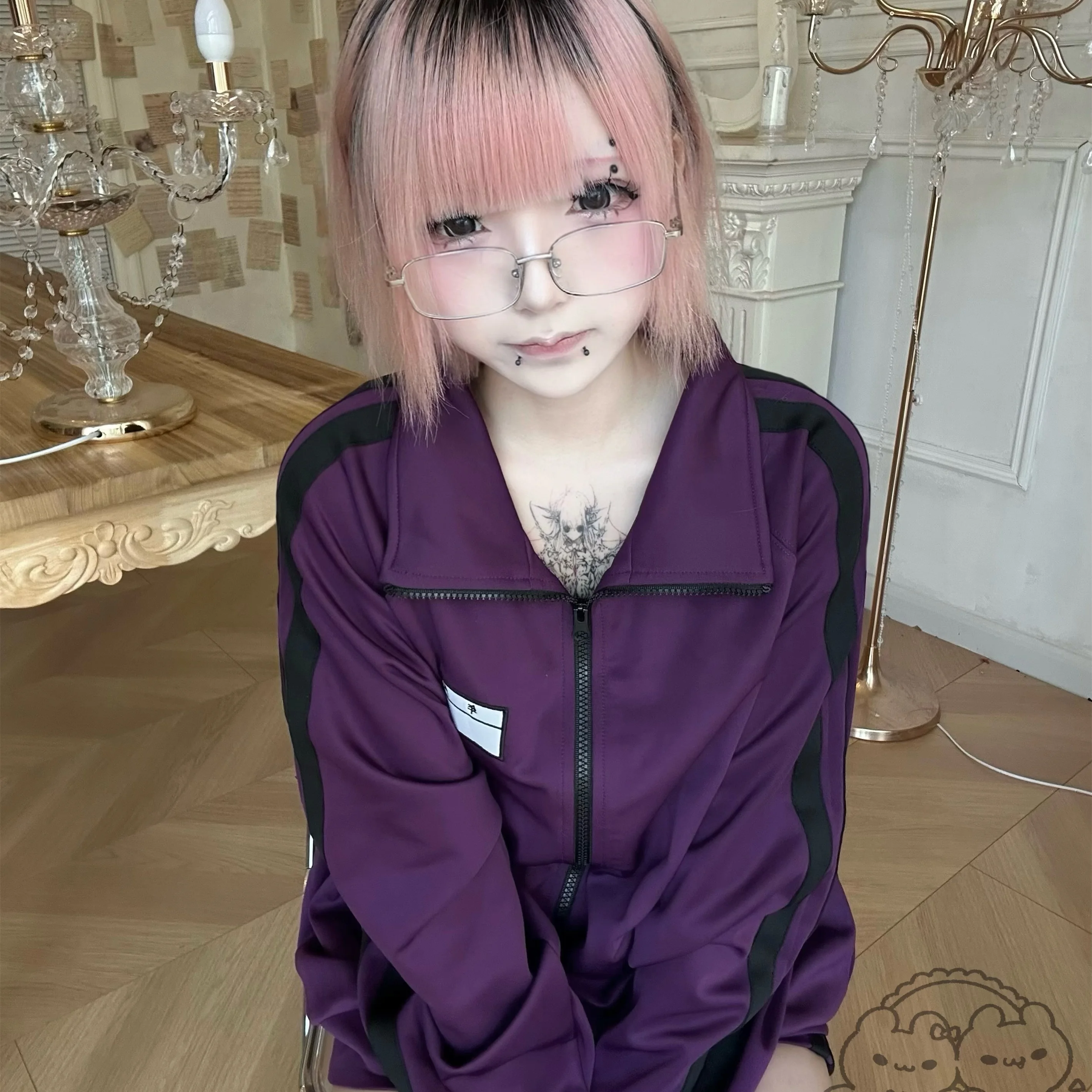 Spring Autumn Loose Mid Length Jacket Purple Black Japanese Cute Sports Style Shorts 2025 New Two Striped Decorative Jacket