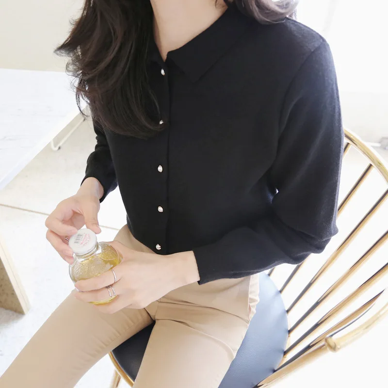 Cropped Cotton Button Up Polo Collar Cardigan Sweater Black