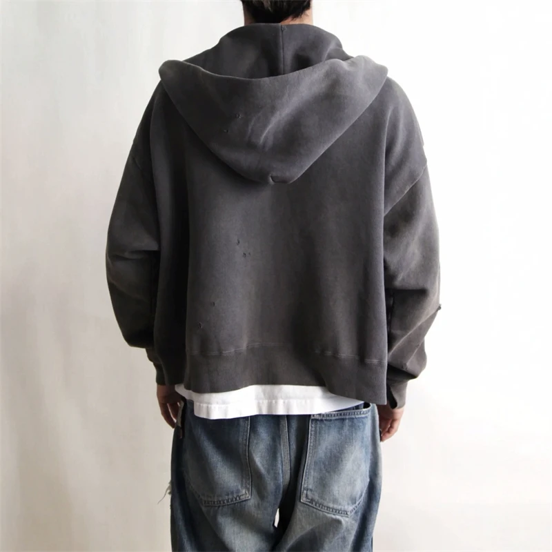 SAINT 25SS Solid Color Hole Breaking Casual Zipper Hoodie High Street Vintage Loose Cotton Washed Japanese Street Fashion Hooded