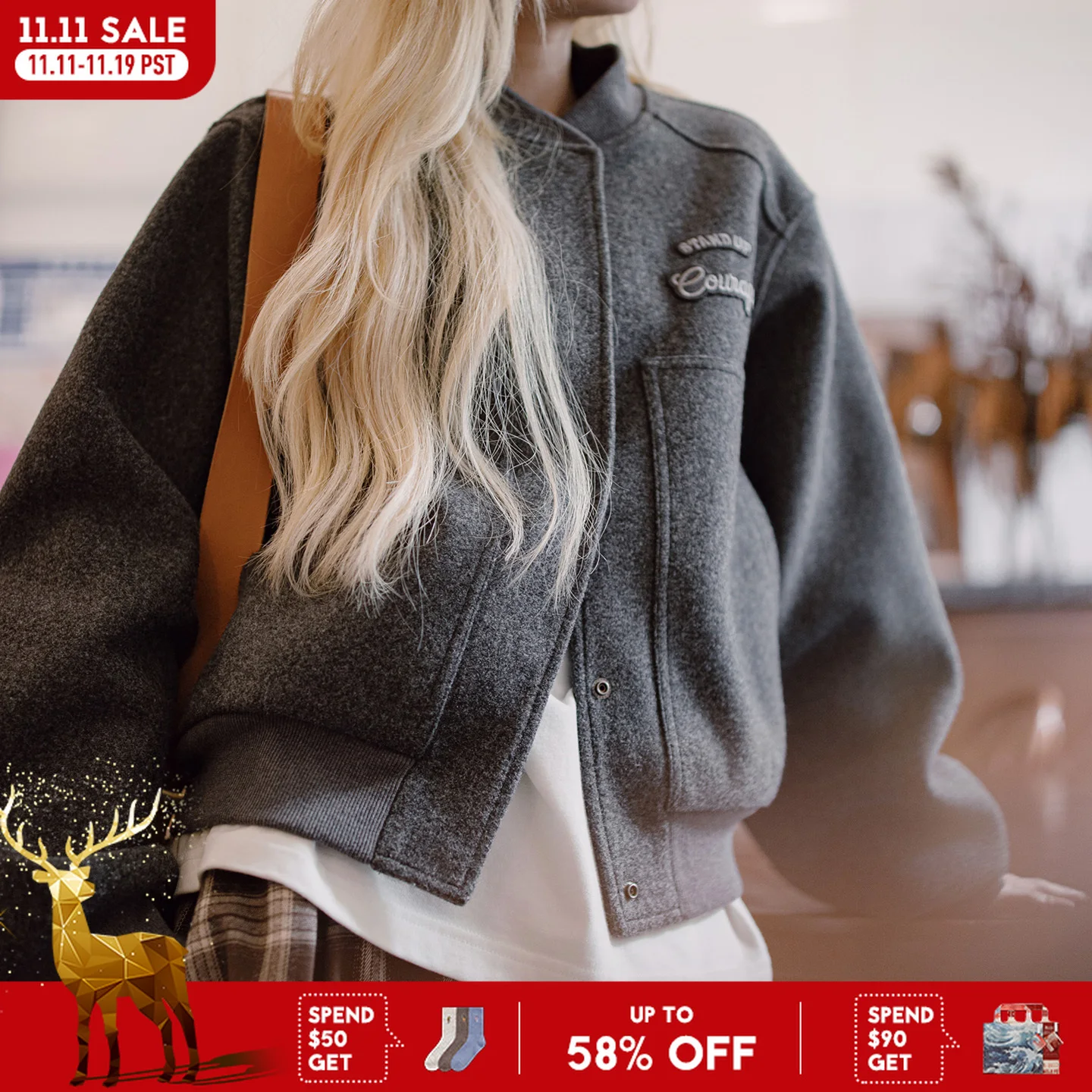 

Maden Женская короткая утепленная куртка-бомбер из плотной ткани с эффектом шерсти, свободный крой, теплое пальто с большими карманами для зимы 400г/м²