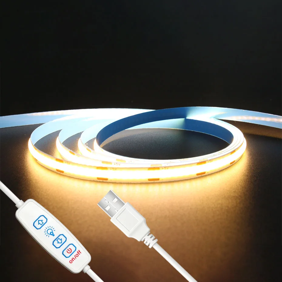 USB 5V COB LED Strip Light 3Key Dimmer Control Lamp High Density Flexible Tape Lights 1m 5m 320Leds/m For Home Cabinet Decor