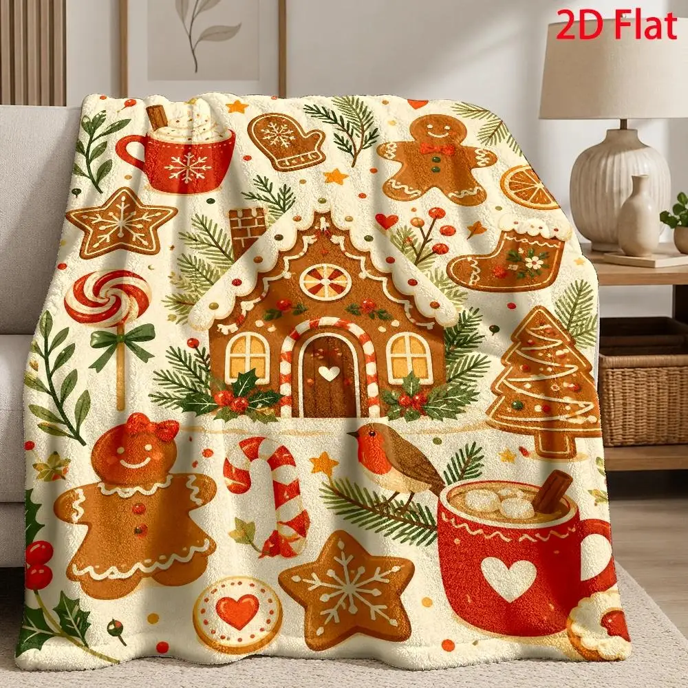 Manta navideña con diseño de casa de jengibre, de franela, con motivos de galletas y caramelos, ideal para las fiestas, para el invierno, de forro polar, para la cama o el sofá, un regalo navideño.