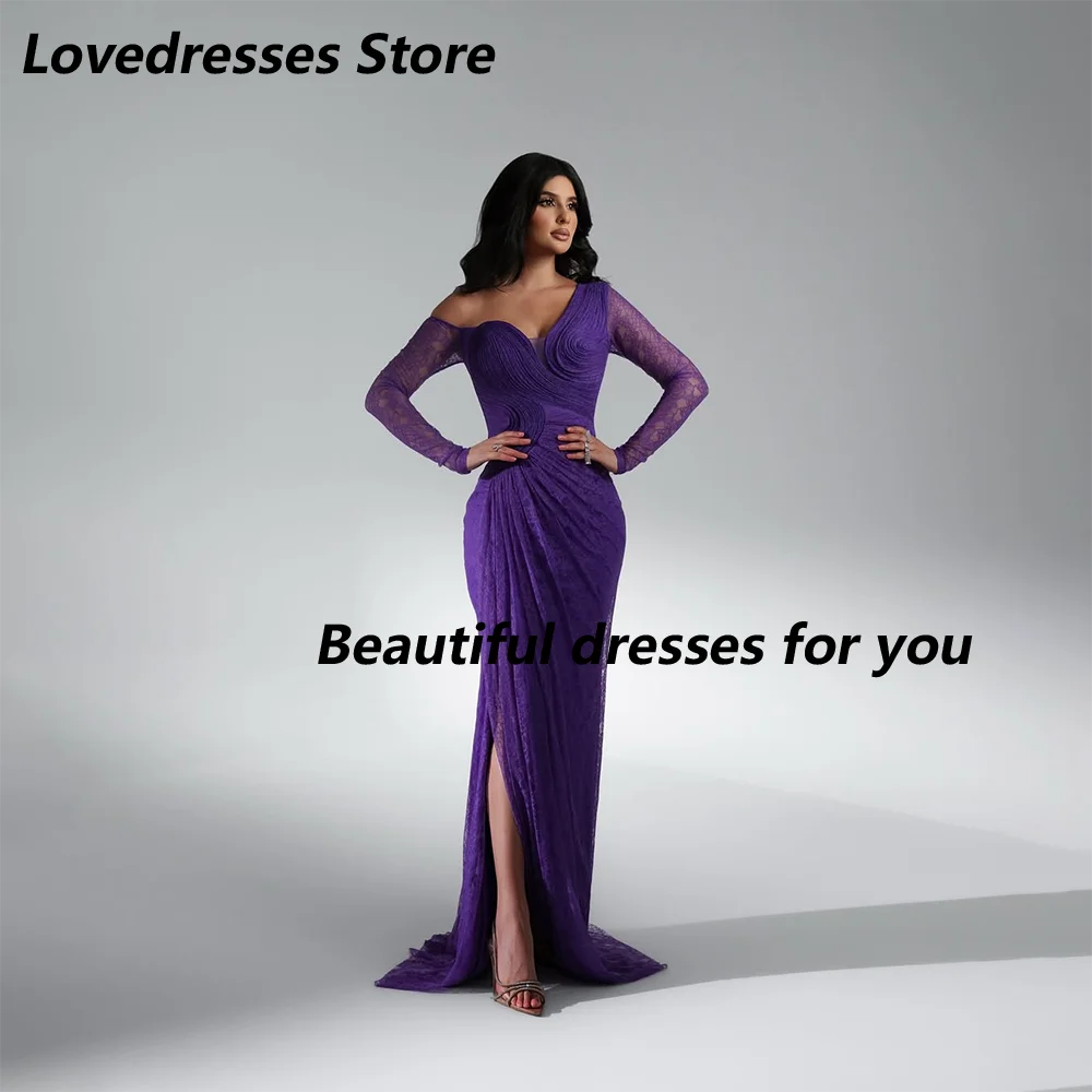 

Purple Prom Dress Customized Off Shoulder Long Sleeves Evening Dresses Lace Mermaid Floor Length Arab Dubai Party Gown