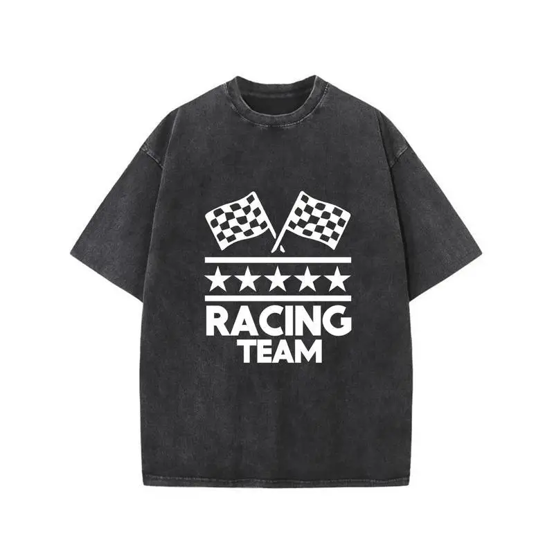 

Racing Team T-shirt, Men Women Oversized Washed Tee, Checkered Flag Graphic Top, Streetwear Race Car Apparel