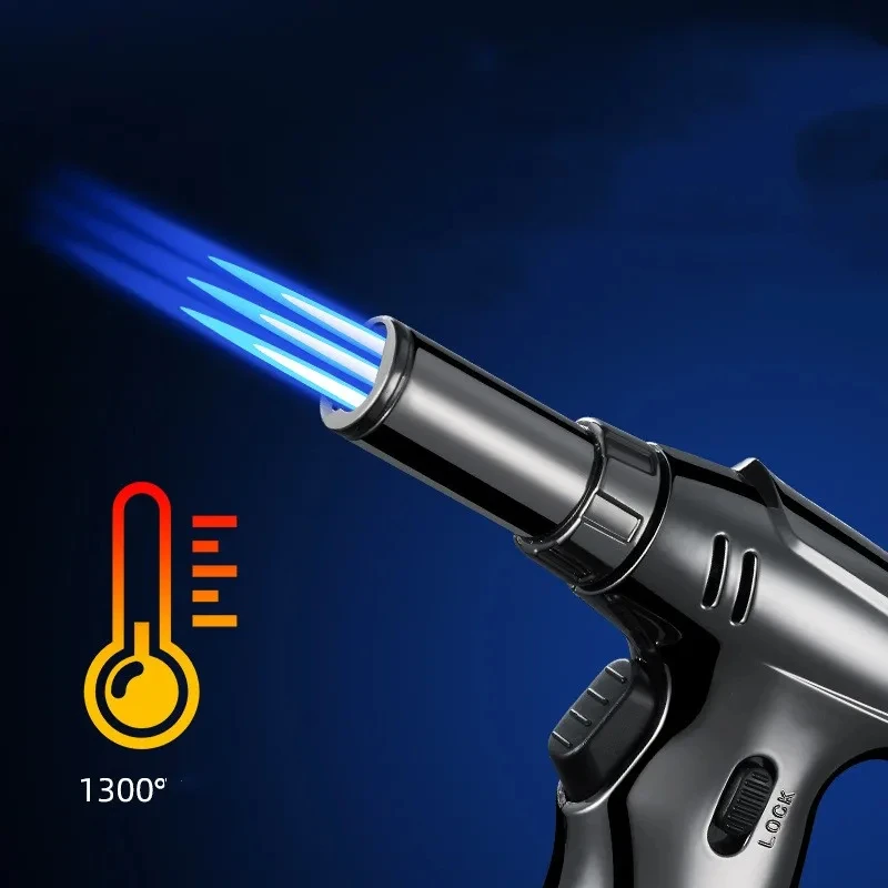 

Metal Windproof Turbine Torch Three Direct Blue Flame Butane Gas Lighter Outdoor Kitchen Barbecue Welding Gun Cigar Gift for Men