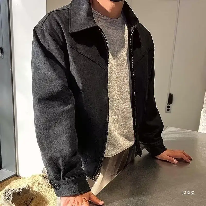 New Men\'s Jackets Retro Brown Coffee Suede Jacket For Men Spring Autumn Fashion Vintage Short Flying Jacket High Street Coat