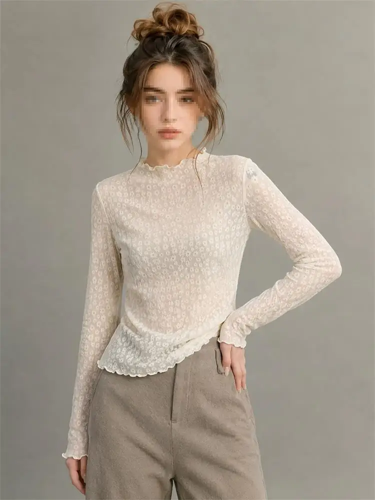 Korean Style Long Sleeve Texture Slim Fit Women's Top High Waist Wave  Small Shirt Autumn Elegance Thinming T-Shirt