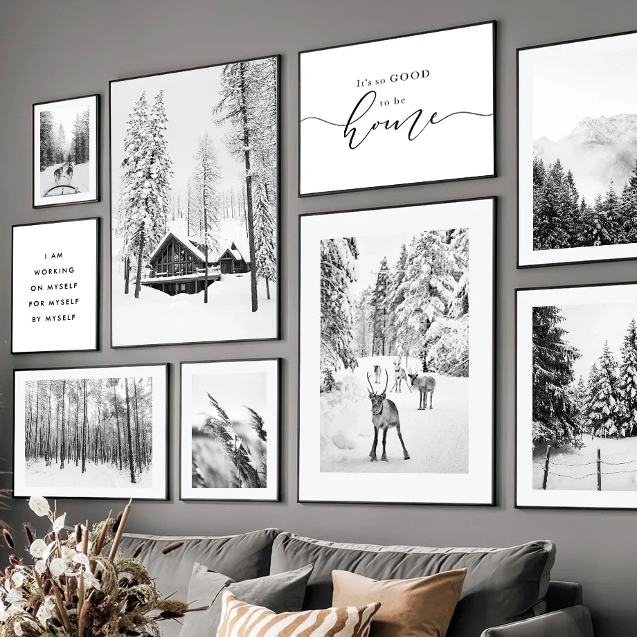 Black White Winter Ski Facility Deer Dog Nordic Posters And Prints Wall Art Canvas Painting Modern Picture For Living Room Decor