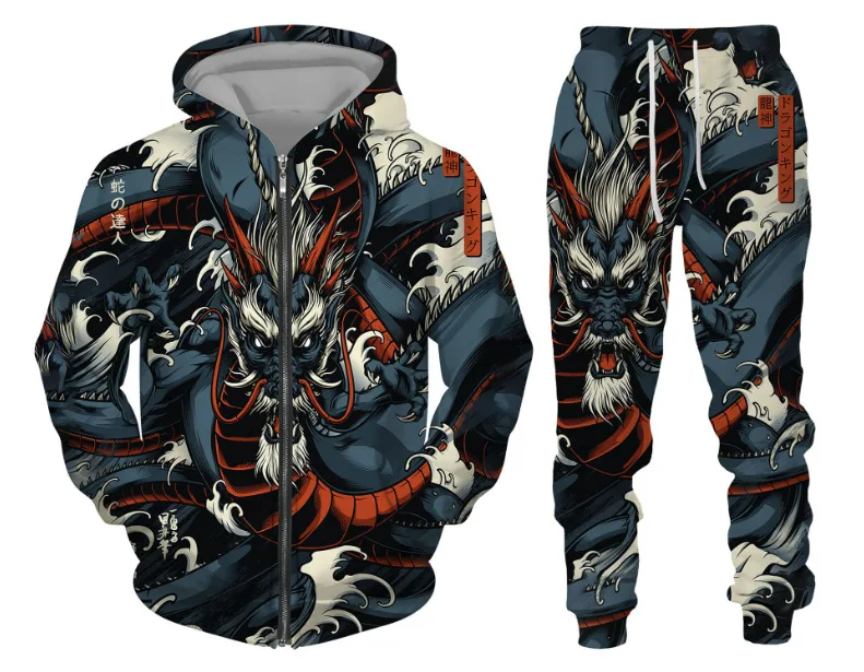 

3D Dragon Printed Zip Hoodie + Pants Suit Cool Men/Women 2 Pcs Sportwear Tracksuit Set Autumn and Winter Men's Clothing