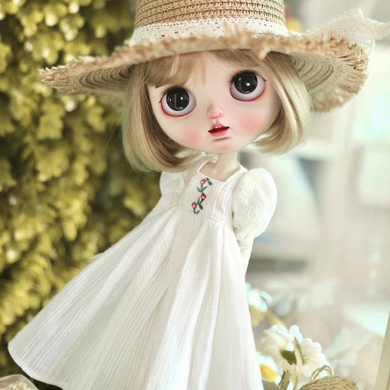 Handgemaakte blythe pop kleding zomer witte jurk sweet vierkante hals poff mouw lange jurk voor blyth licca ob24 pullip poppen geschenken