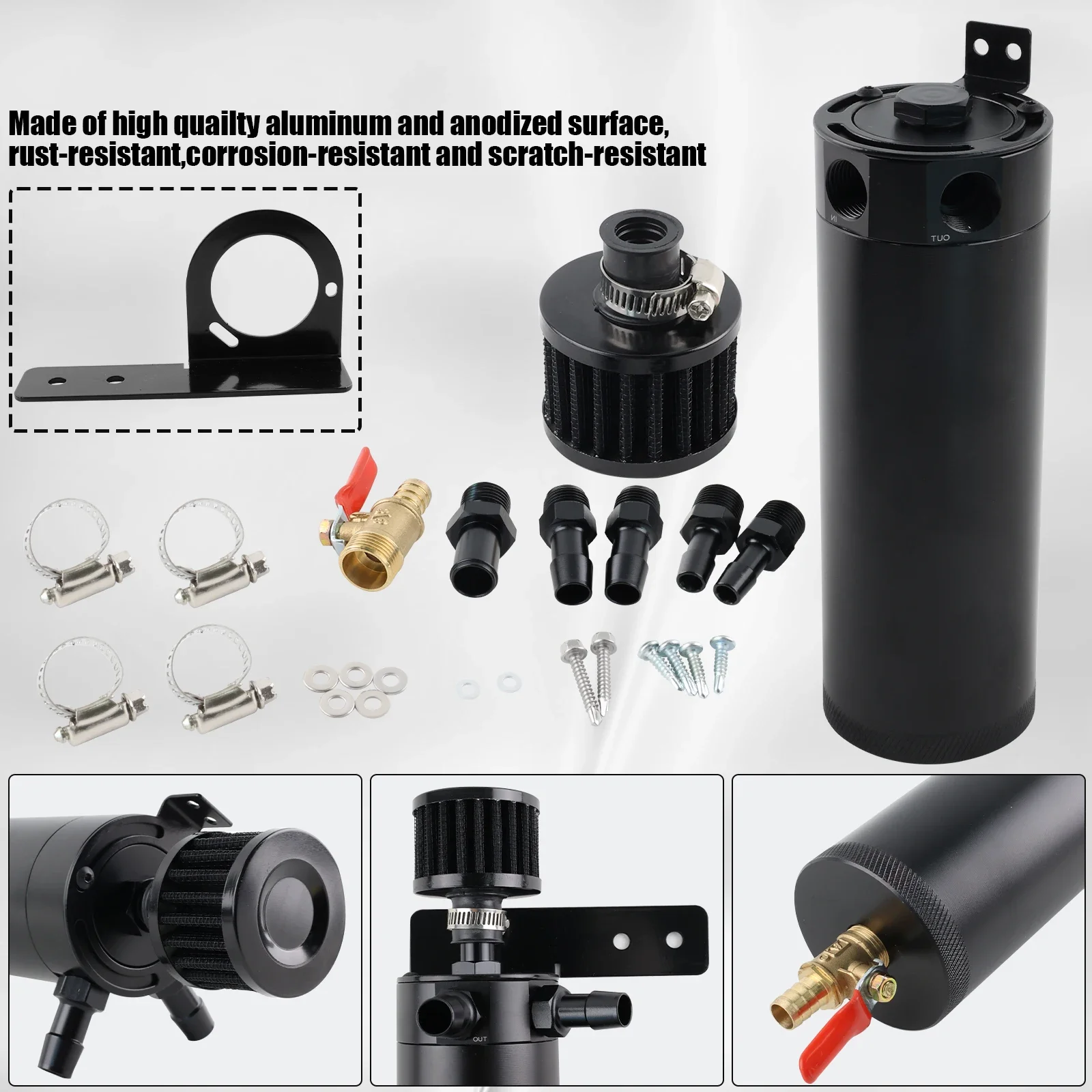 Oil Catch Can Kit Black 750ML 2-port Baffled Oil Catch Can Reservoir Tank with Breather Filter and Drain Valve