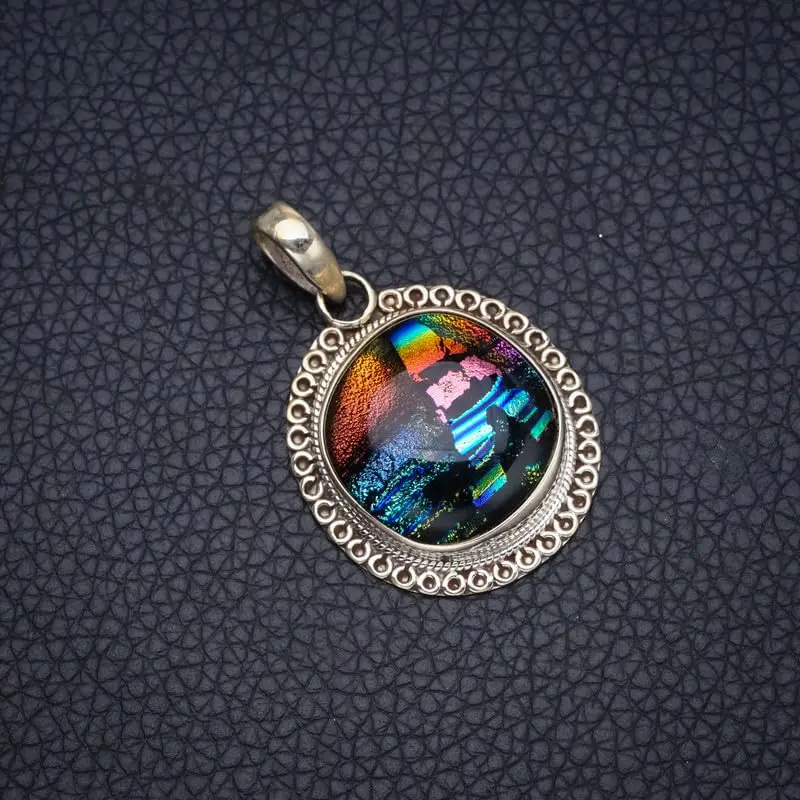 StarGems Natural Rainbow Dichroic Glass Handmade 925 Sterling Silver Pendant 1.5