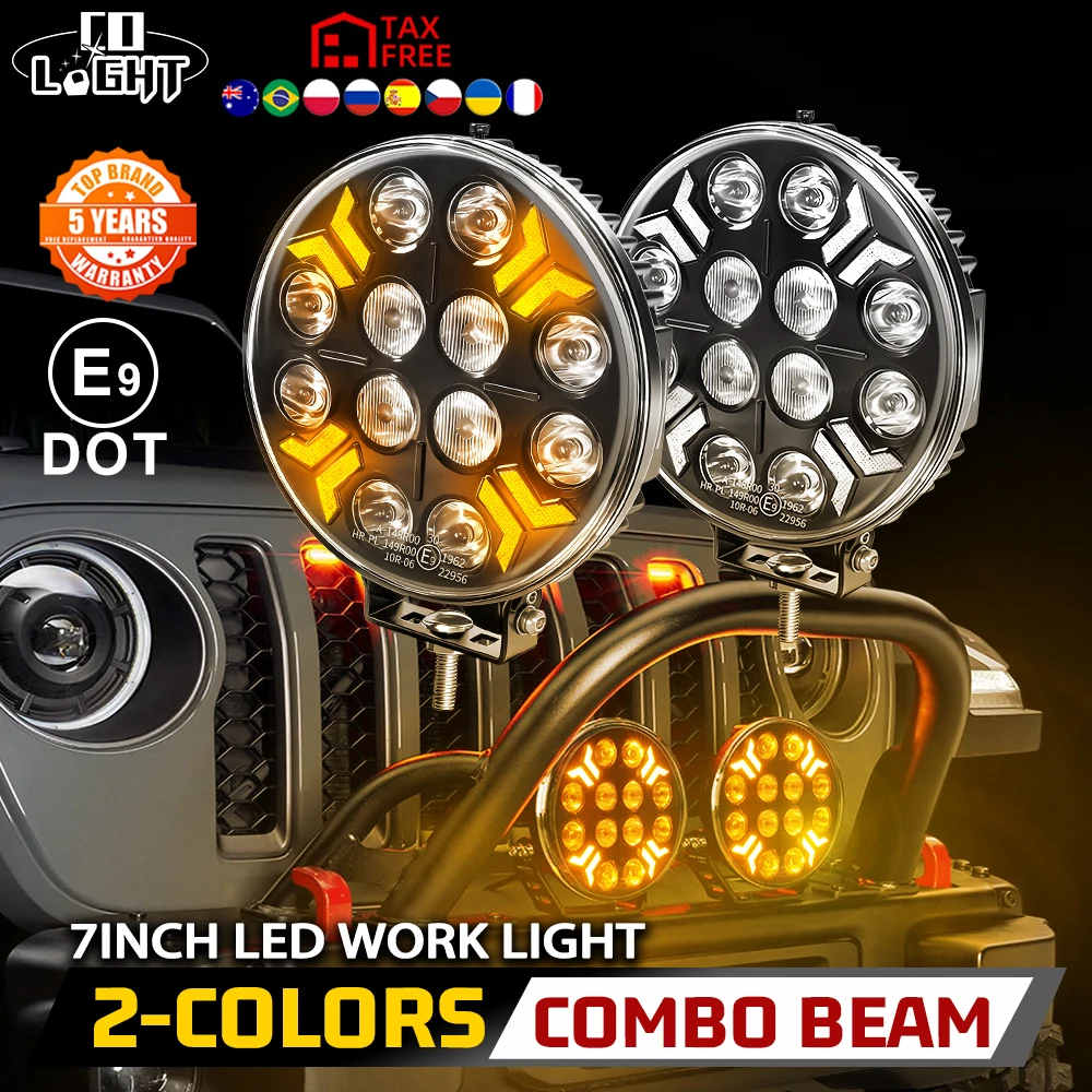 

CO LIGHT LED Work Lights 7" Round Off Road Driving Truck Headlight White Turn Signal Light Yellow Welcome for SUV 4x4 12V 24V
