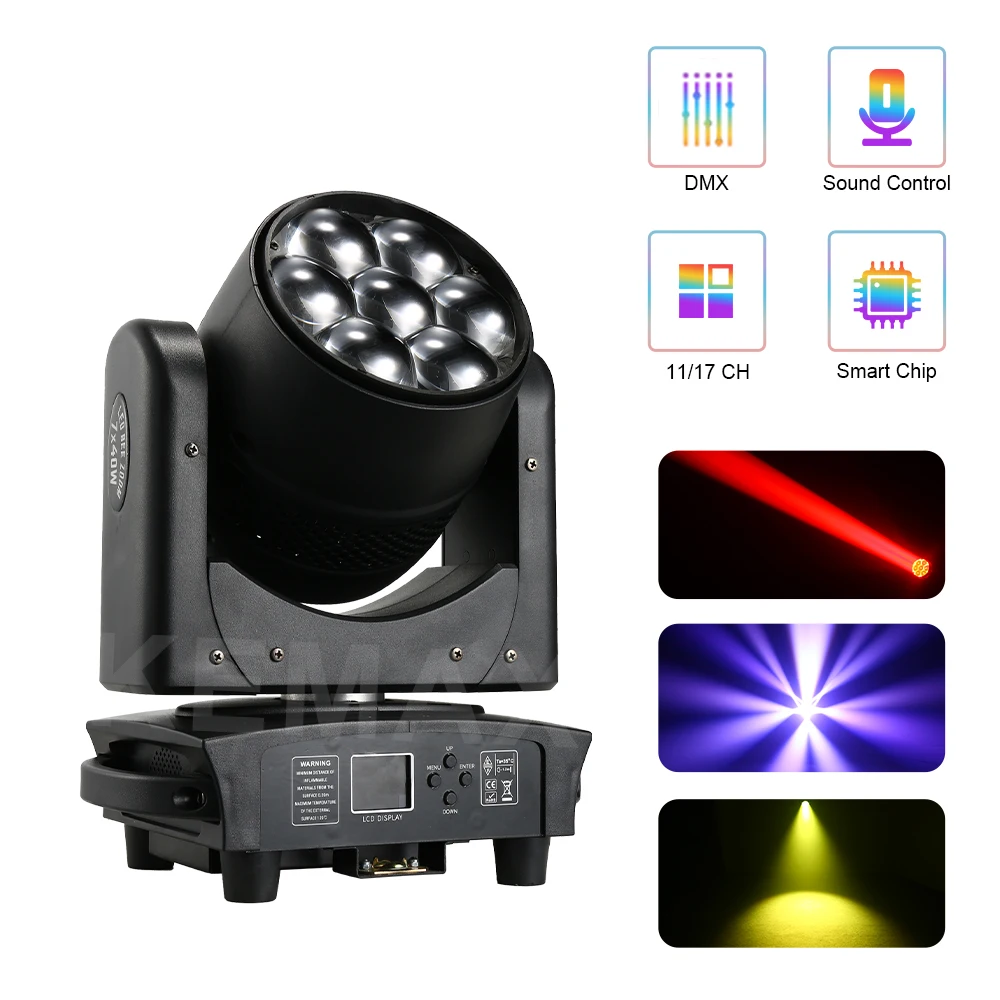 

DJ 7X40W Bee Eye Beam+Wash Zoom Moving Head Disco Lights 350W Nightclub Spotlight DMX512 Stage Mobile Head For Wedding Event