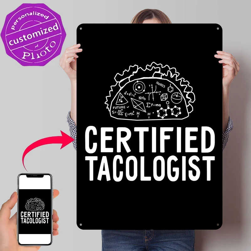 Certified Tacologist Science Taco Funny 3D Printed Texture Poster Personalized Wall Art Retro Metal Tin Signs for Room Decor