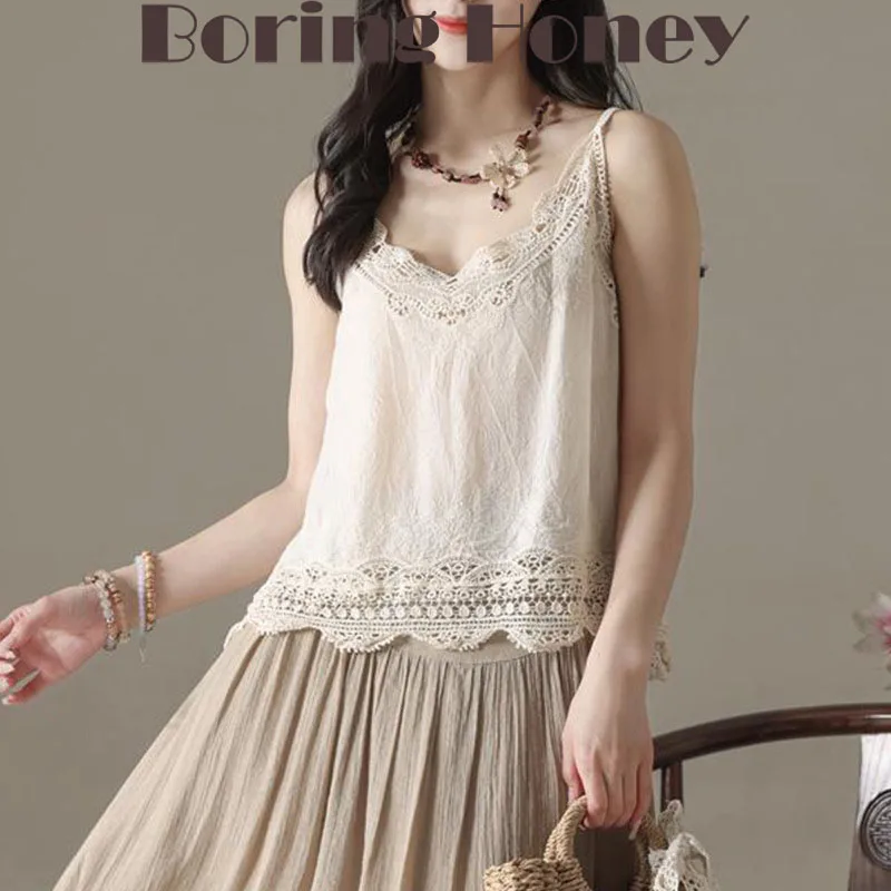 

Boring Honey Summer New Retro Art Small Suspenders Simple Thin Joker Bottoming Shirt Lace Vest Female V-Neck Suspender Top Women