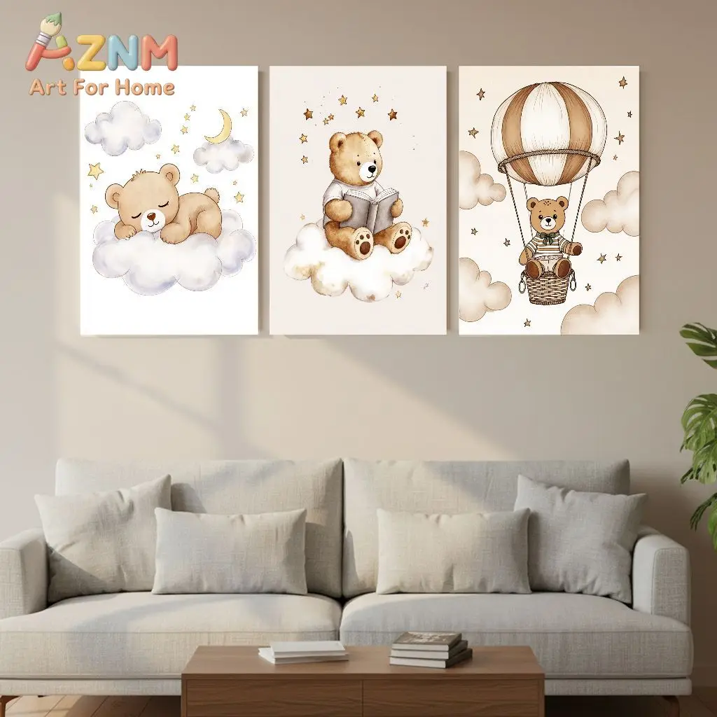 AZNM Cute Bear Canvas Wall Art Cloud Moon Star Hot Air Balloon Frameless Canvas Painting Nursery Kids Room Home Decor Poster