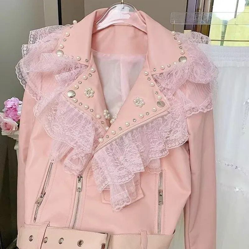 2025 نمط جديد الموضة مزاجه المرأة الصناعة الثقيلة الدانتيل الربط قصيرة الخصر النحيف سترة جلدية معطف دراجة نارية #6