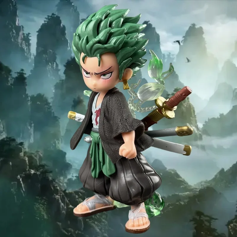 Anime One Piece Chibi Roronoa Zoro Collectible Figurine, Q Version Green Hair Zoro Model with Three Swords, Highly Restored Char