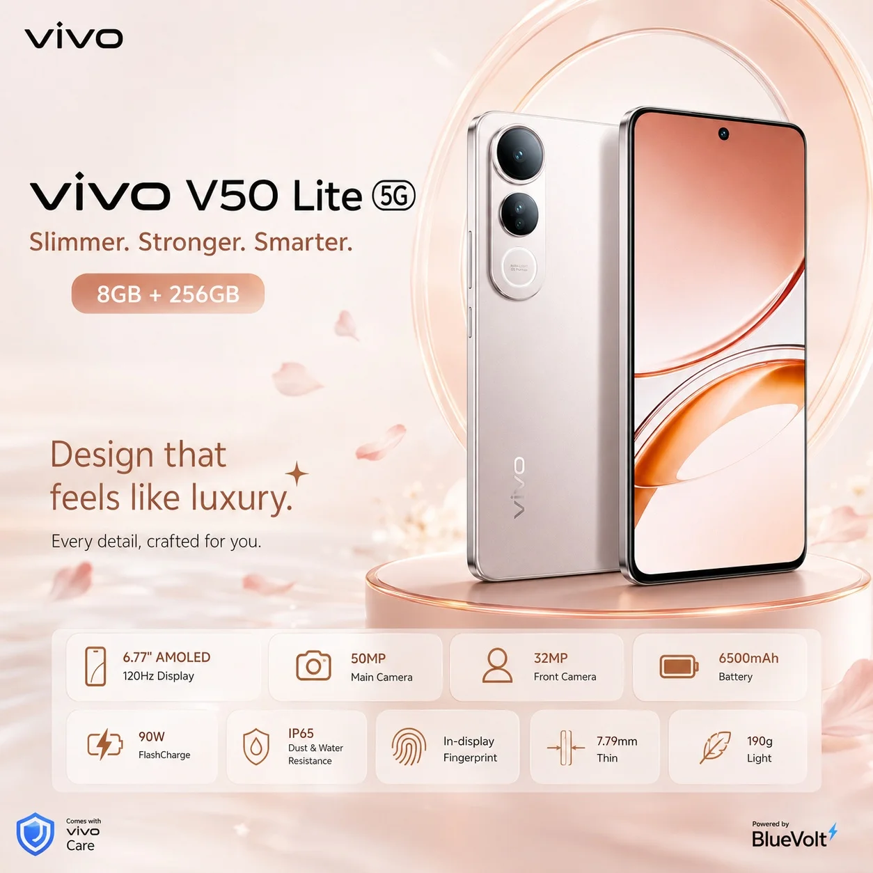 2026 new VIVO V50 Lite 5G 8GB+256GB, Dimensity 6300 6nm, 120Hz AMOLED Display, 6500mAh Battery, 90W FlashCharge, IP65 Protection