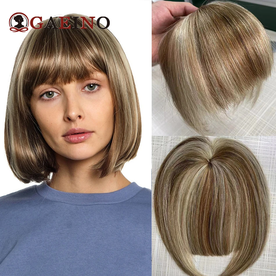 Clip en flequillo Topper de cabello humano para mujer, Marrón castaño resaltado, rubio dorado, flequillo de pelo Natural, flequillo romo