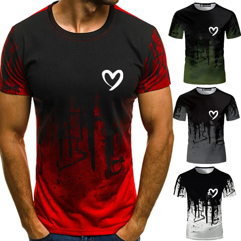 

Fashionable men's sports T-shirt, casual sports short sleeved round neck summer shirt, peace of mind printed top