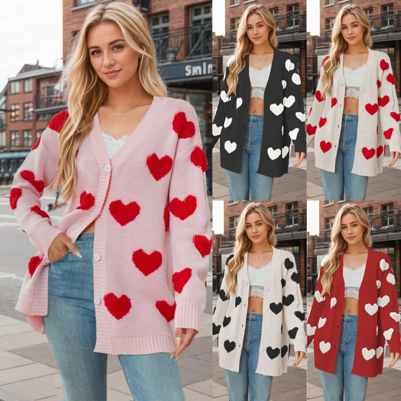 2024temuNew Valentine's Day Heart Knitted CardiganVCollar Button Mid-Length Coat for Women