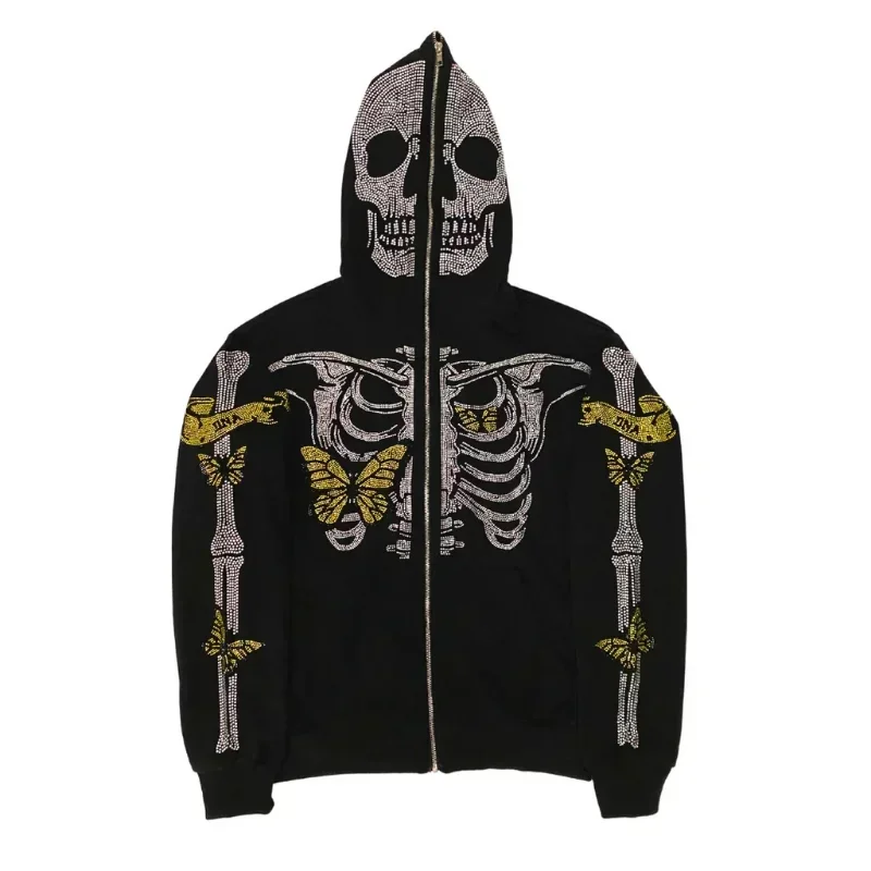 

Rhinestone Skeleton Hoodie Grunge Harajuku Female Streetwear Zipped Up Oversized Clothes Vintage Tops Jacket Punk Vintage Coat
