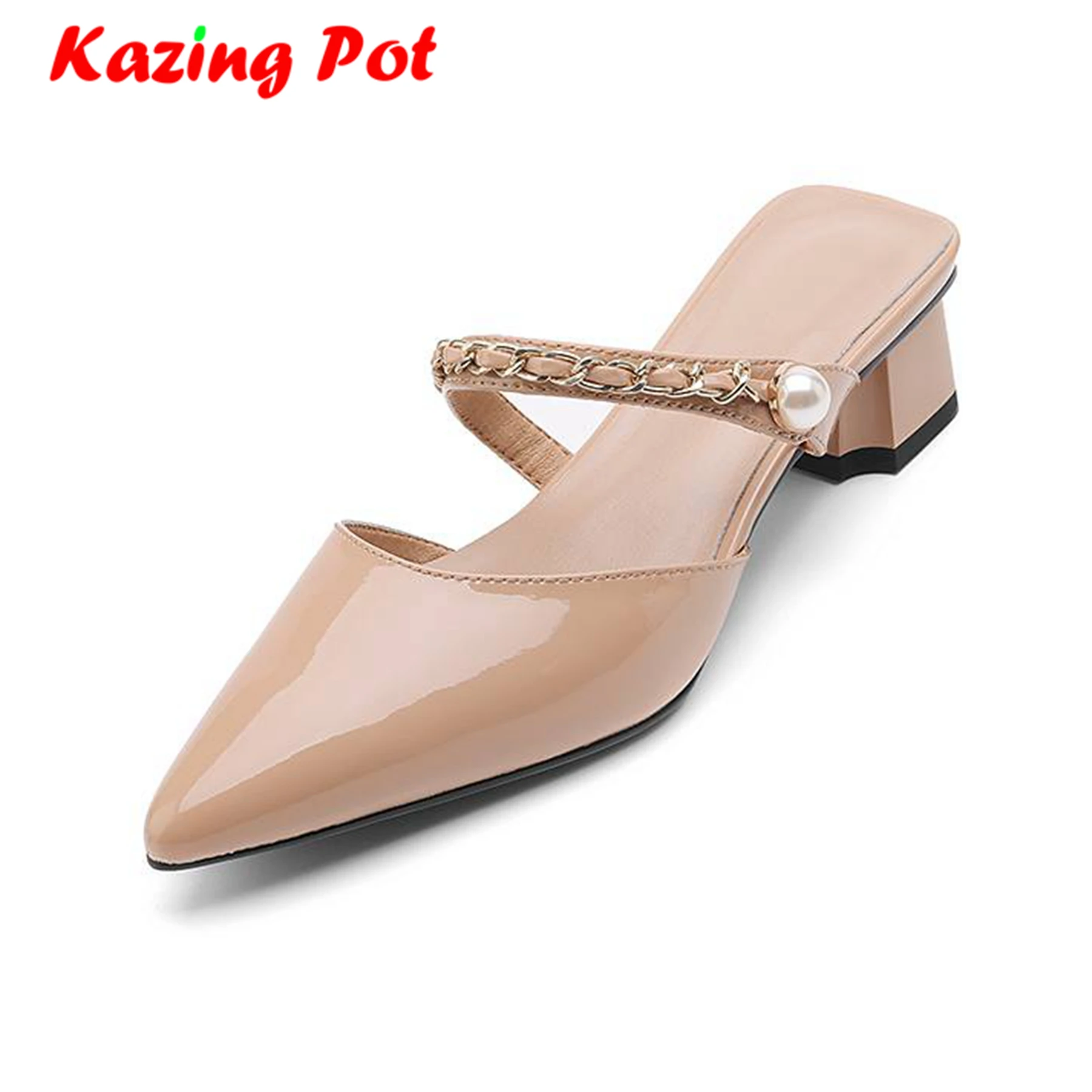 Krazing Pot Cow Skin Mules Med Heel Pointed Toe European Design Preppy Style Women Dating Pearl-studded Daily Wear Shallow Pumps