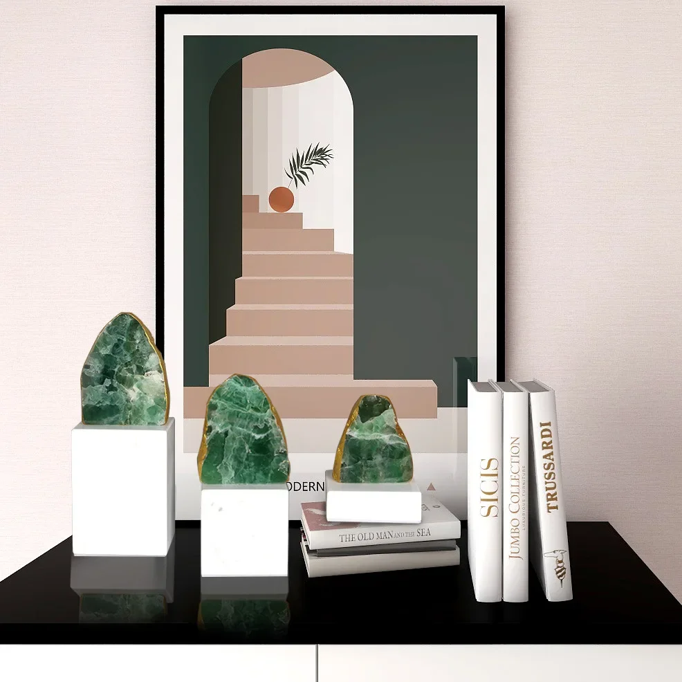 A21Green Crystal Stone Agate Handicraft Marble Base Irregularity Gemstone Statue Decorative Figurines Home Decoration