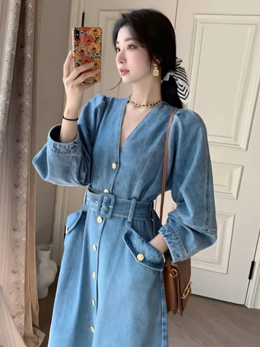 V Neck Denim Dress Women Spring Autumn French Style A-line Jeans Long Sleeve Dress Single Breasted Casual Solid Robe