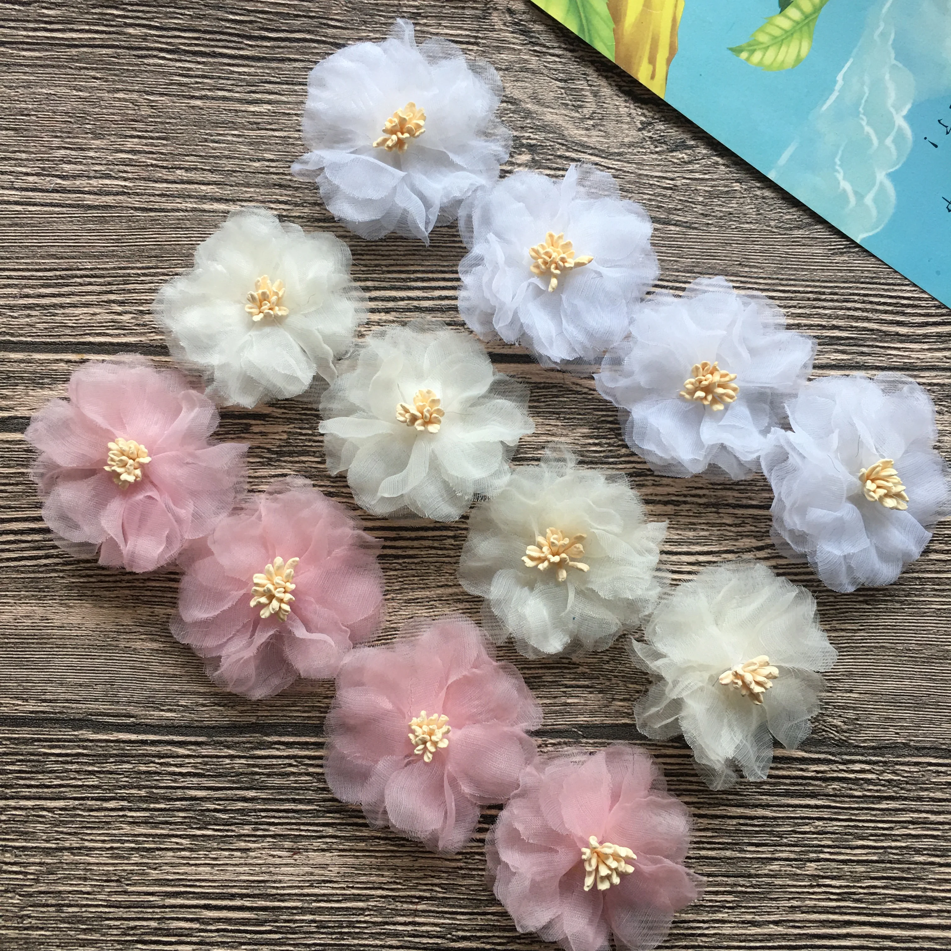 Organza Lace Flower For Baby DIY Accessories 2.0 Inch Fabric Flower Flat Back Handmade Art Flowers