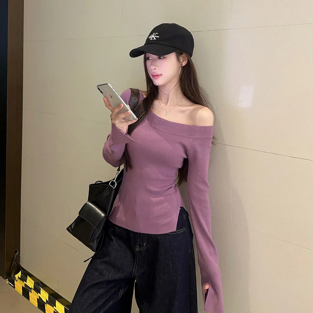 Slant Collar Off-shoulder Split Long-sleeved Knitted Sweater Women's Autumn New Korean Style Slim Bottoming Top