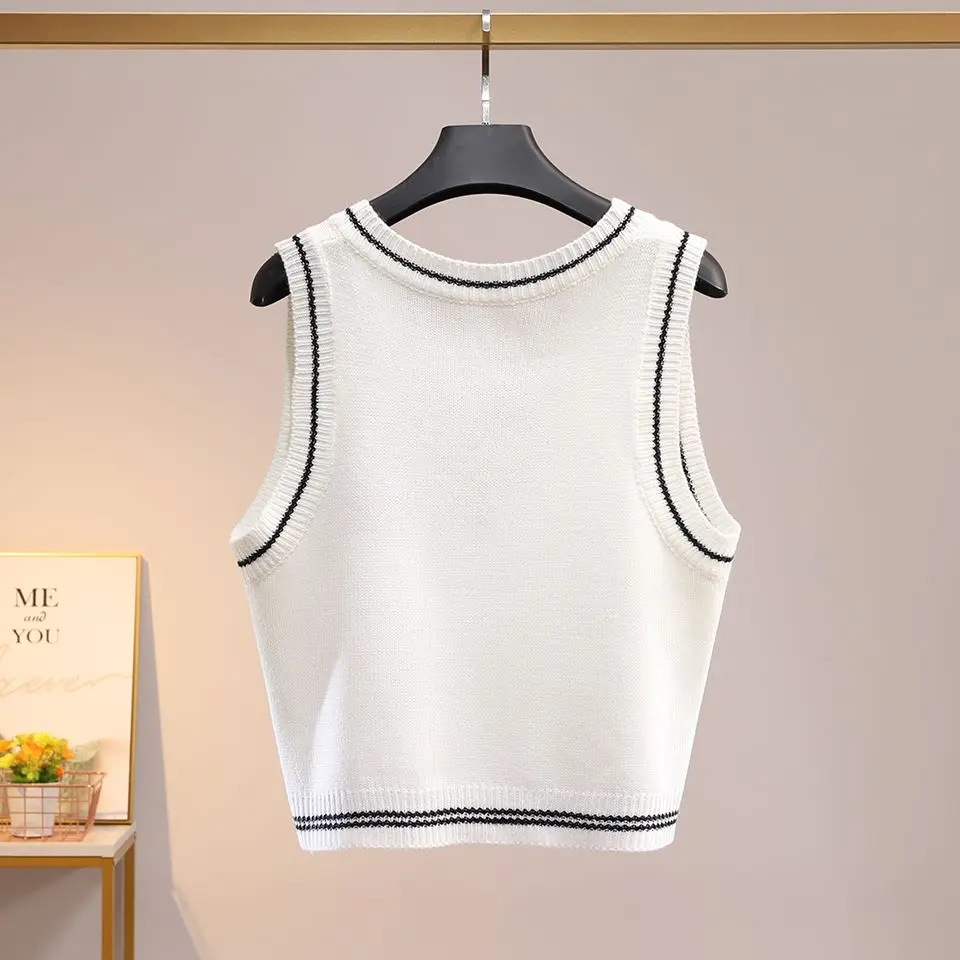 Autumn New Preppy Style Embroidered V-neck Sleeveless Sweater Vest Female All-match Patchwork Knitting Pullover Tank Top Women\'s