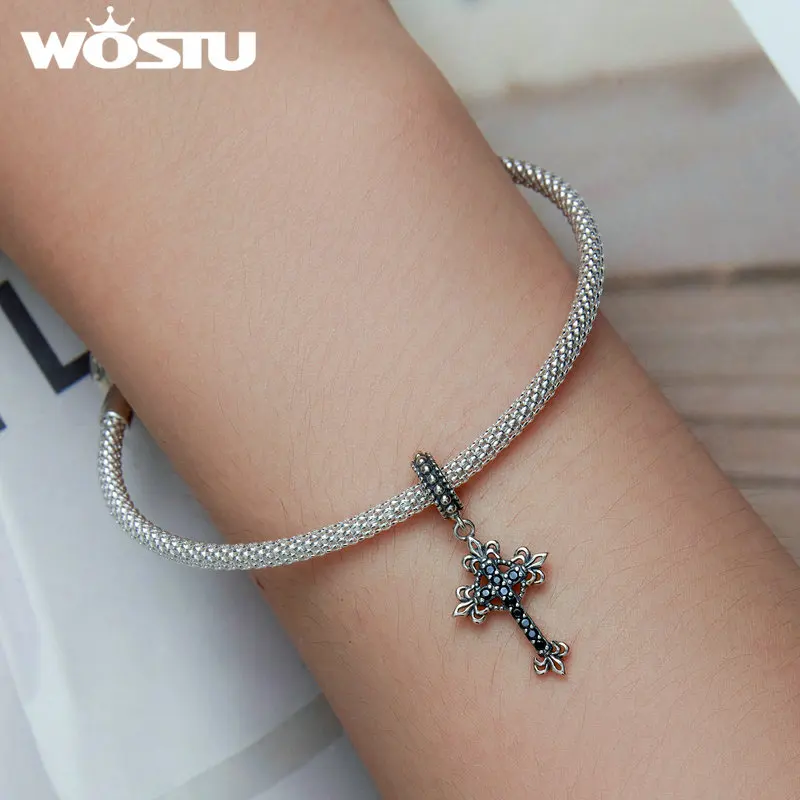 WOSTU 925 Sterling Silver Black Zircon Hollow Cross Charms Pendant Moon Swan Bead Fit Women Bracelet Necklace DIY Jewelry Making