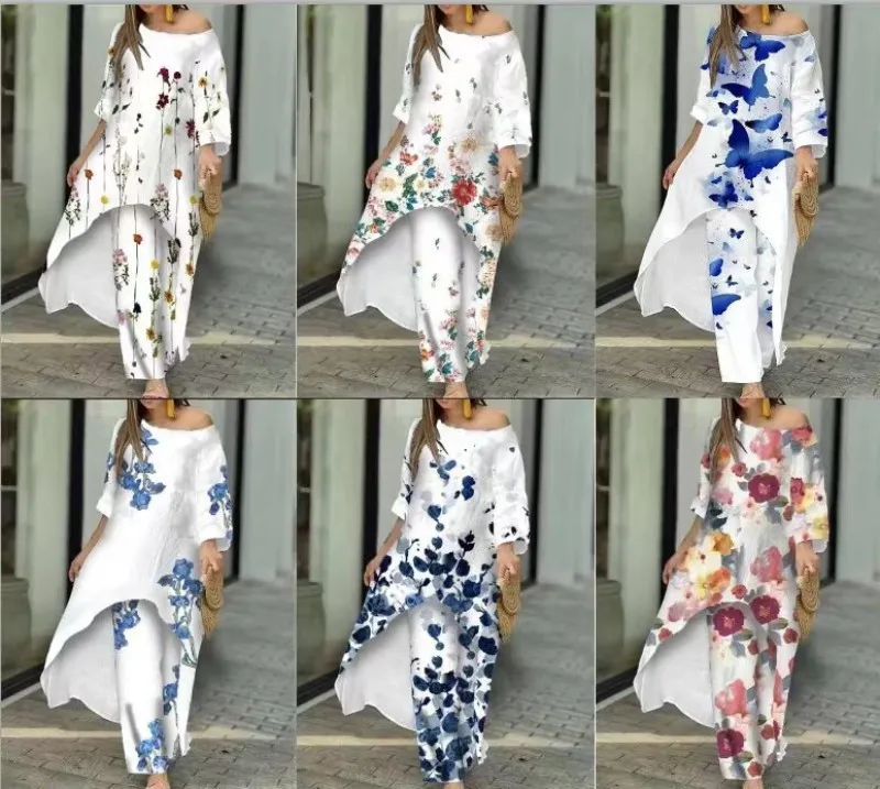 Women Two Piece Sets Pant Set Irregularity Round Neck Full Sleeve Tops Print Floral Splice Casual Loose Wide Leg Long Pants