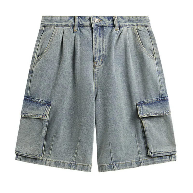 Hip Hop Vintage Cargo Denim Shorts Multi Pockets Baggy Casual Jeans Shorts For Male Blue