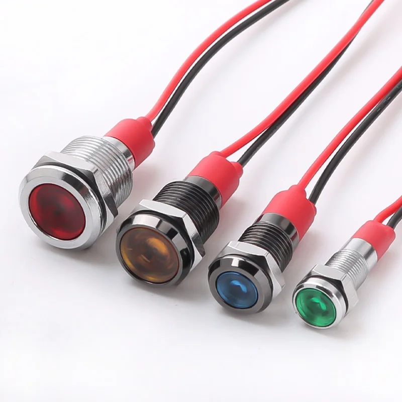 6/8/10/12MM Metal Indicator Light Oxidized Black Warning LED Pilot Signal Lamp with Wire Red Yellow Blue Green