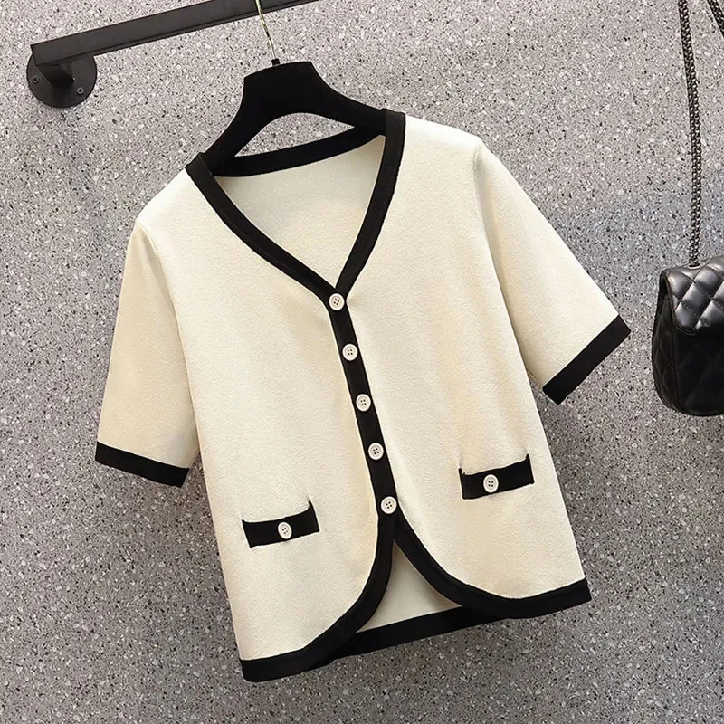 

French Women's Cardigan Top Women's Clothing Loose Fitting Fashion Fitting Ice Silk Knitted Short Sleeved V-neck Thin Top Summe