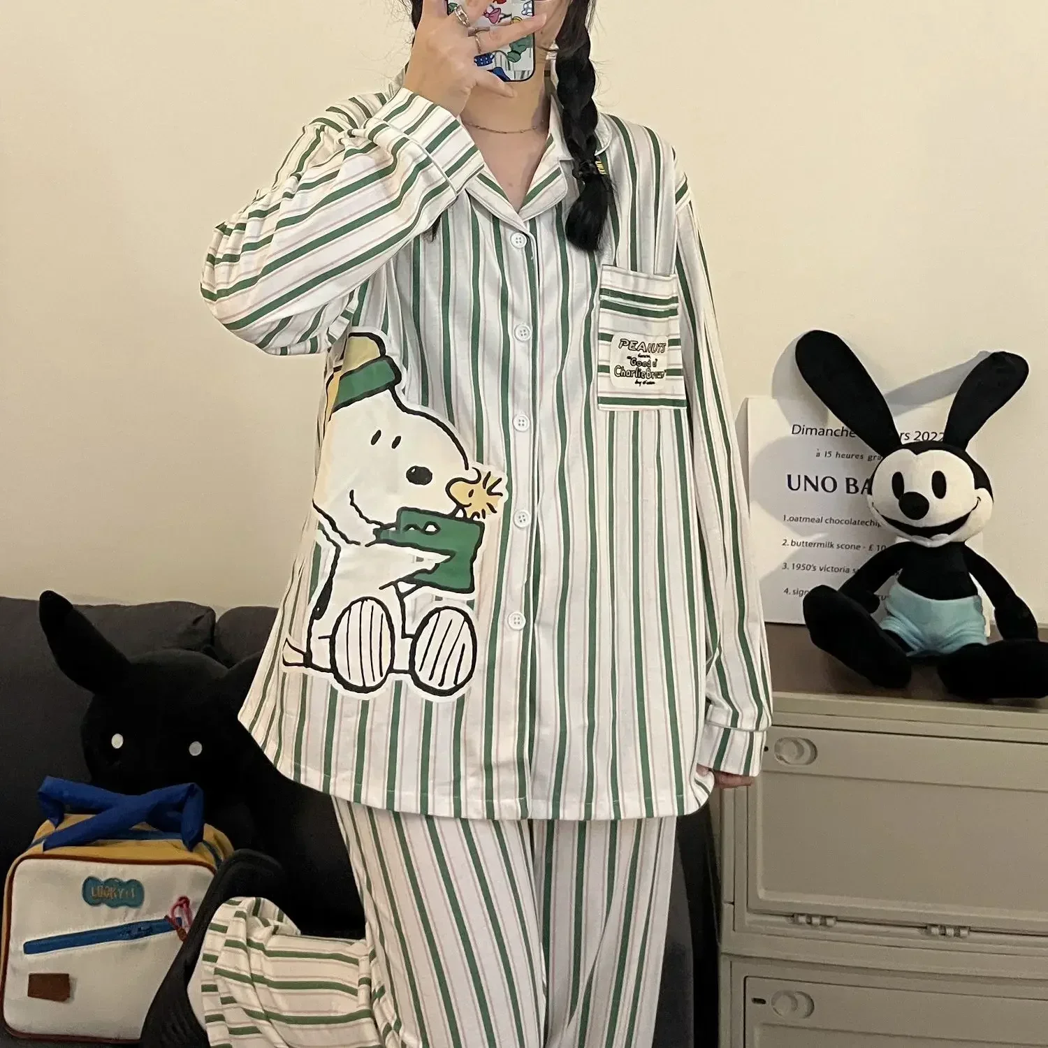 Snoopy summer Pajama Girl New Long sleeves Trousers Striped sleepwear Student Home clothing T-Shirt  nightgown