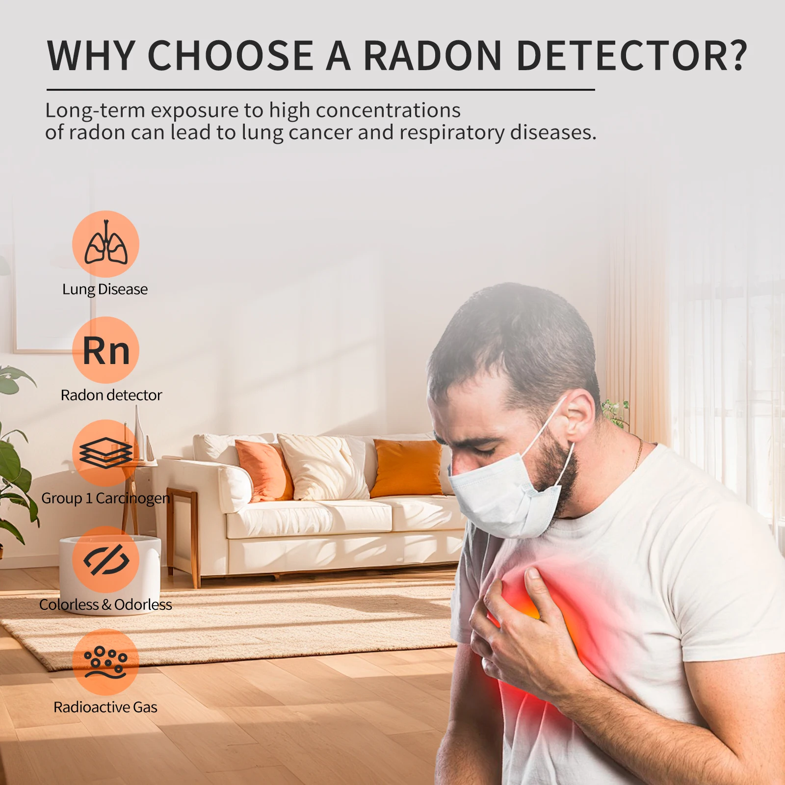 DM68R Radon Gas Detector Rechargeable Radon Gas Monitor 0.3-270 pCi/LProfessional Radon Meter for Home and Office Use