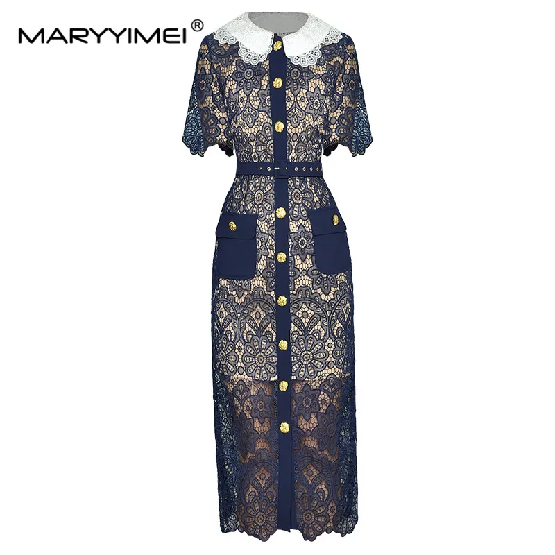 

MARYYIMEI Fashion Designer dress Summer Women Dress Peter pan Collar Hollow-out Golden Buttons Slim Pencil Dress