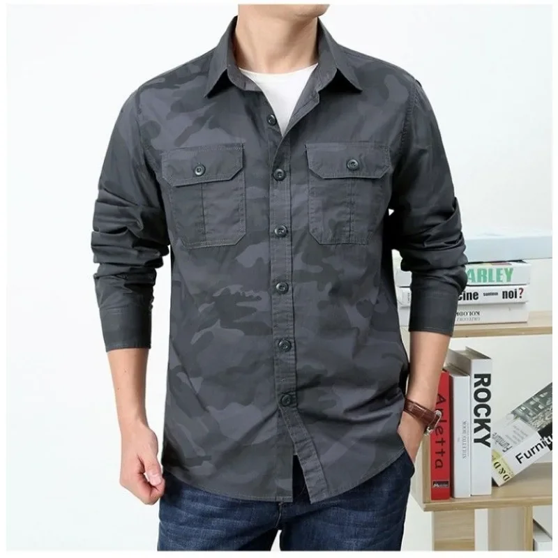 Outdoor Long Sleeve Cotton Shirt Military Tactical Jacket Lapel Button Casual Blouse Spring Autumn Shirt Streetwear Men Clothes