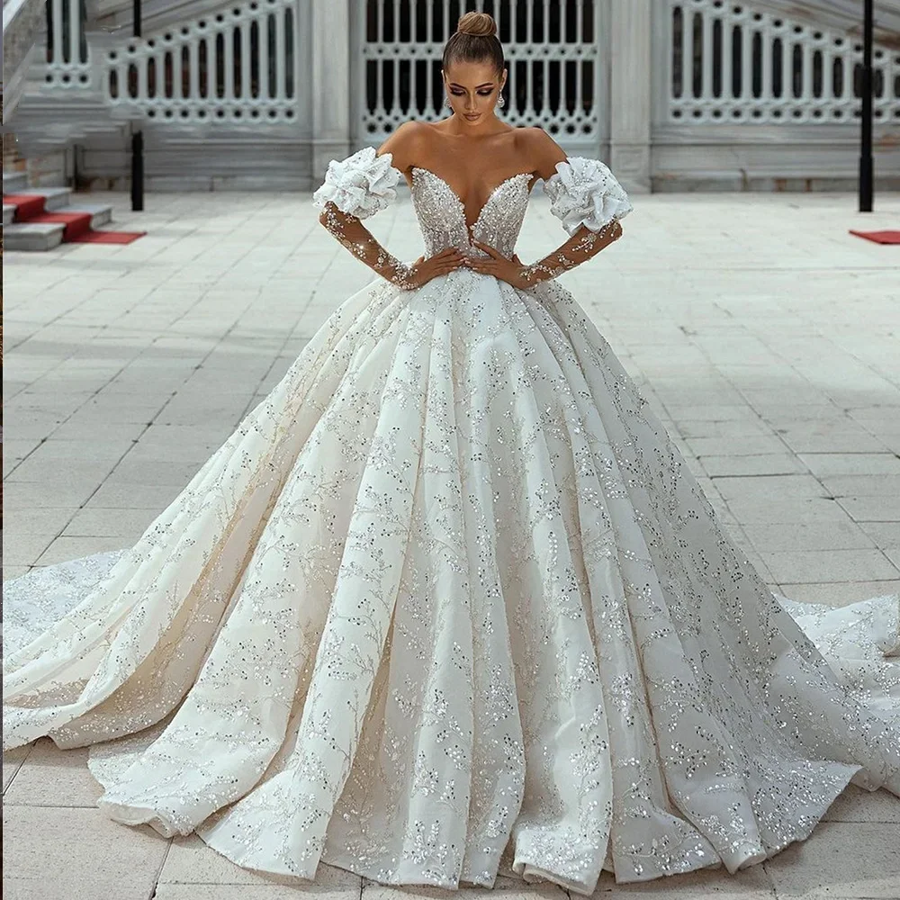 

Customized Ball Gown Wedding Dresses 2025 Beaded embroidered Sweetheart Detachable Long Sleeve Robe De Mariee Lace Bridal Gown