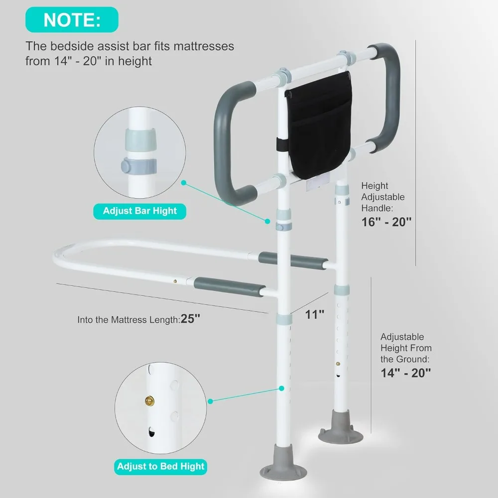 Bed Rails for Elderly Adults Safety: Adjustable Heights Bed Rail with Storage Pocket, Non-Slip Handle, Sensor Light, Bedrails