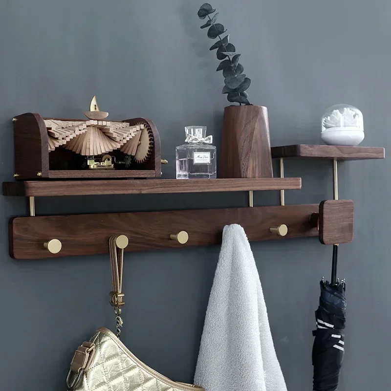 Creative Porch  Walnut Solid Wood Coat Rack with Sundry Storage Pure Copper Hooks, Wall Hanging Bags  Coats Hanger Key Hook