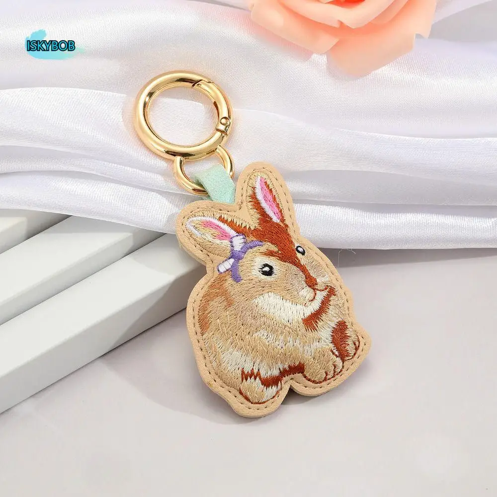 

PU Leather Embroidery Rabbit Keychain Hedgehog Dog Cartoon Animal Pendant Bag Hanging Cute Car Keyring Backpack Decoration