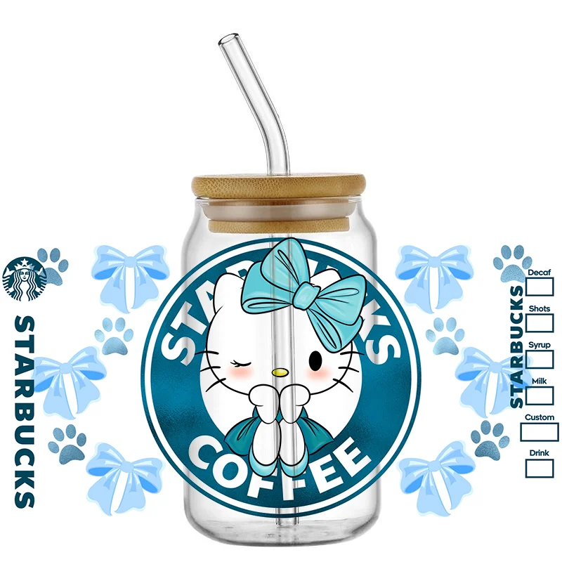 Libbey 16oz için Miniso karikatür sevimli kedi Can cam 3D su geçirmez UV DTF kahve Libbey cam Wrap sarın olabilir