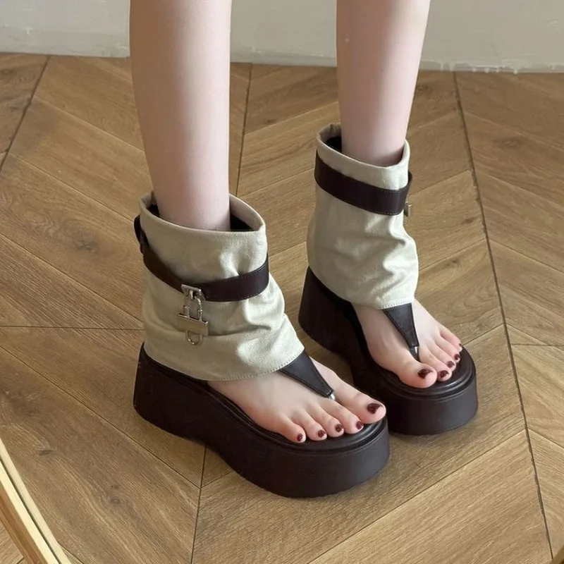 

Women's Fashion Platform Trousers Cool Boots Women's Herringbone Toe Roman Sandals Small Stacks Out Short Boots Sandalias Mujer